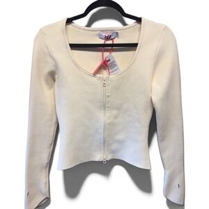 YAGI Cream Zip Up Cardigan Long Sleeve Thumbhole Scoop Neck Top Medium NEW